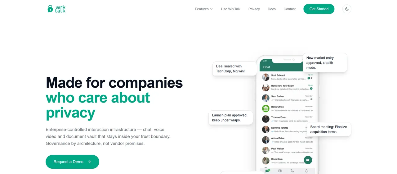 WrkTalk — Privacy-First Enterprise Communication — hero